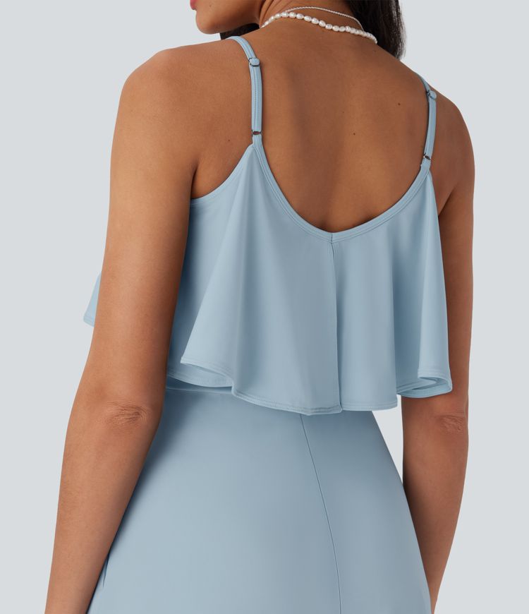 Robe longue type nuisette à volants, dos nu, fente et poches latérales pour demoiselles d'honneur et invitées de mariage