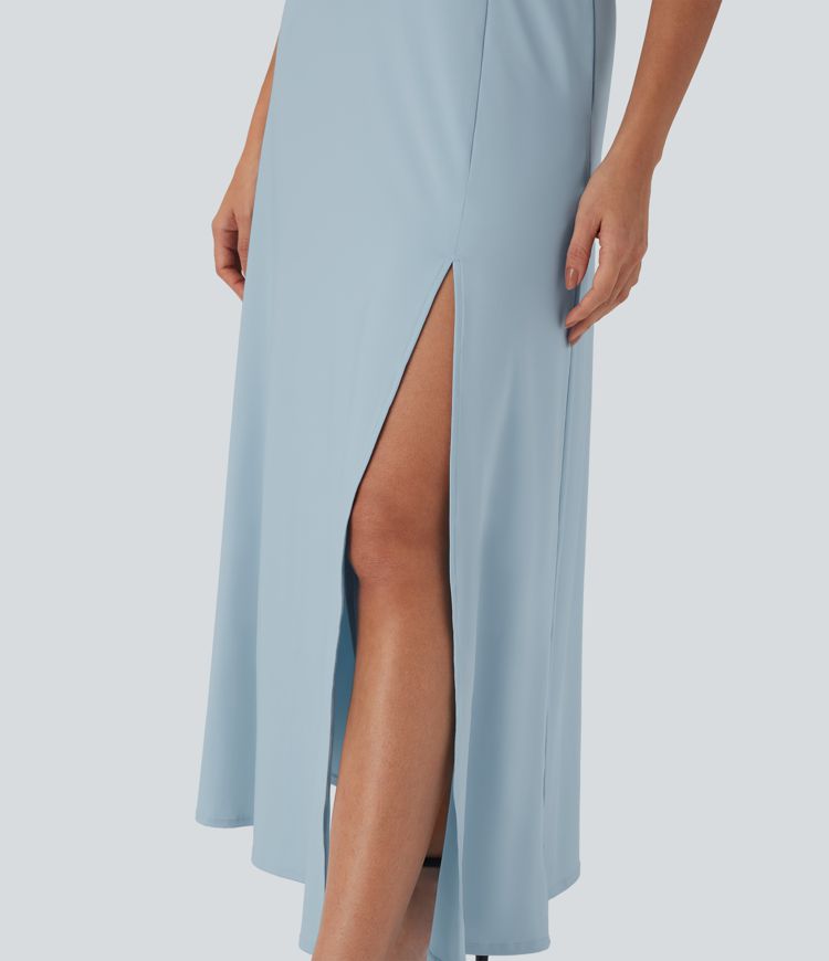 Robe longue type nuisette à volants, dos nu, fente et poches latérales pour demoiselles d'honneur et invitées de mariage