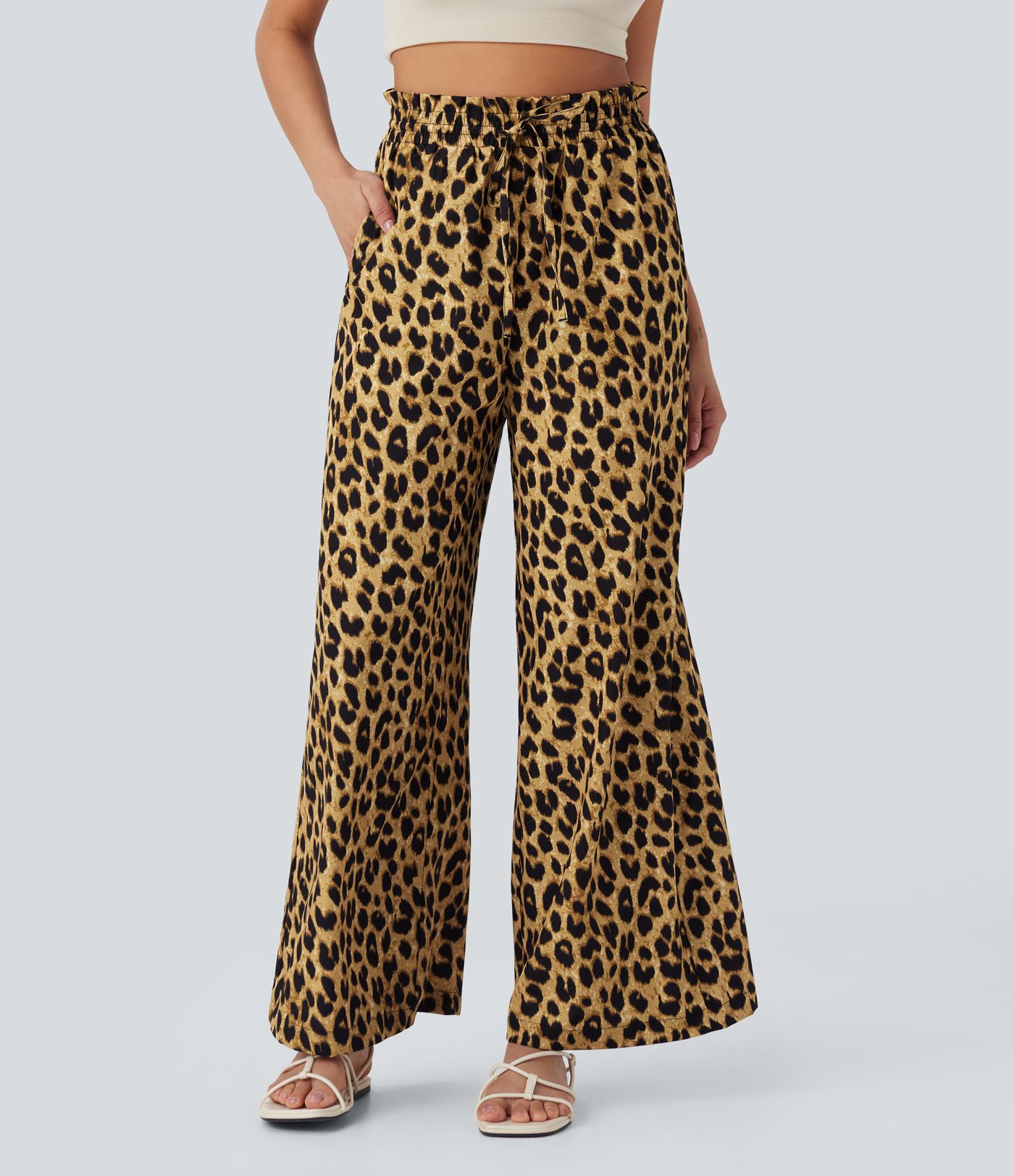 High Waisted Drawstring Pocket Leopard Print Wide Leg Casual Pants