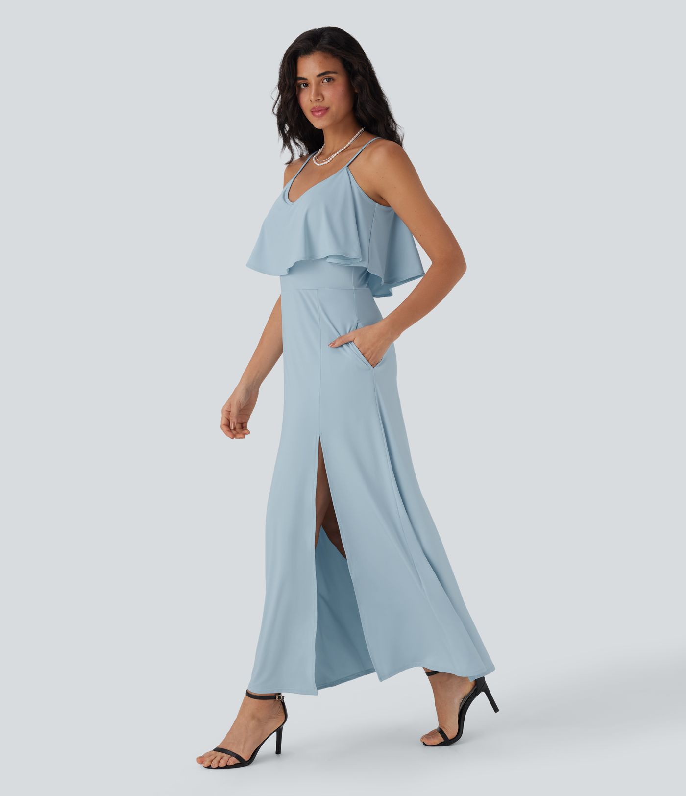 Robe longue type nuisette à volants, dos nu, fente et poches latérales pour demoiselles d'honneur et invitées de mariage