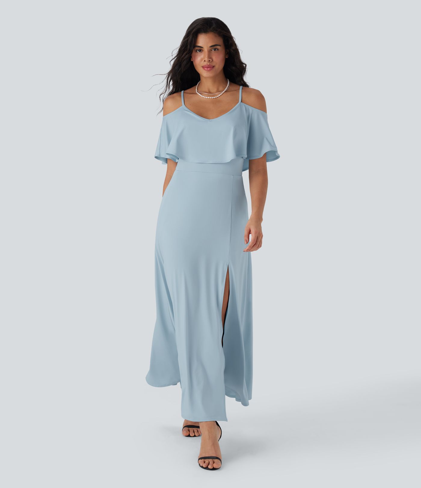 Robe longue type nuisette à volants, dos nu, fente et poches latérales pour demoiselles d'honneur et invitées de mariage