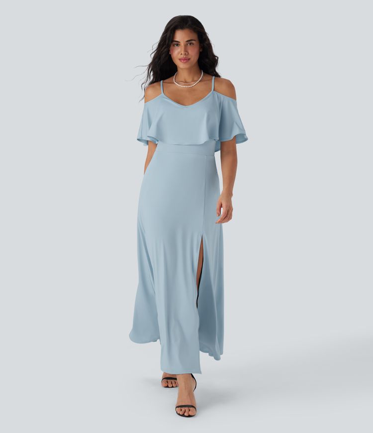 Robe longue type nuisette à volants, dos nu, fente et poches latérales pour demoiselles d'honneur et invitées de mariage