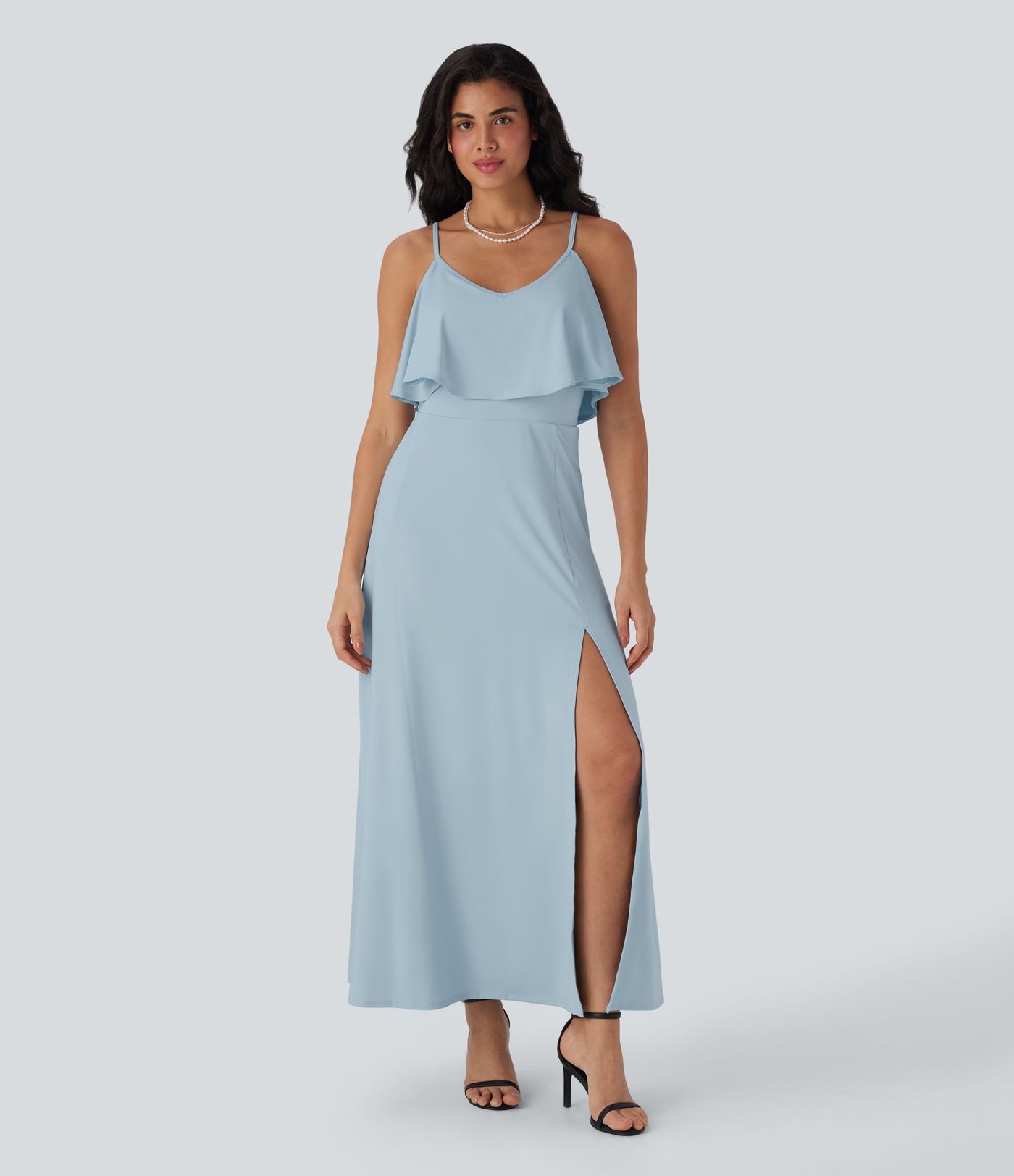 Robe longue type nuisette à volants, dos nu, fente et poches latérales pour demoiselles d'honneur et invitées de mariage