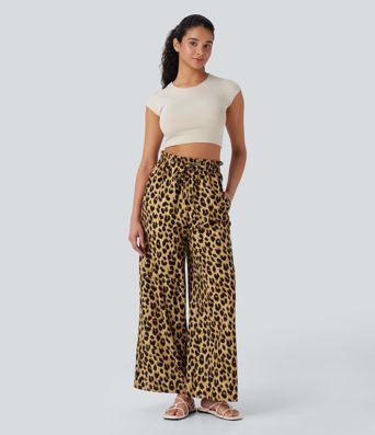 High Waisted Drawstring Pocket Leopard Print Wide Leg Casual Pants