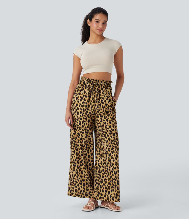 High Waisted Drawstring Pocket Leopard Print Wide Leg Casual Pants