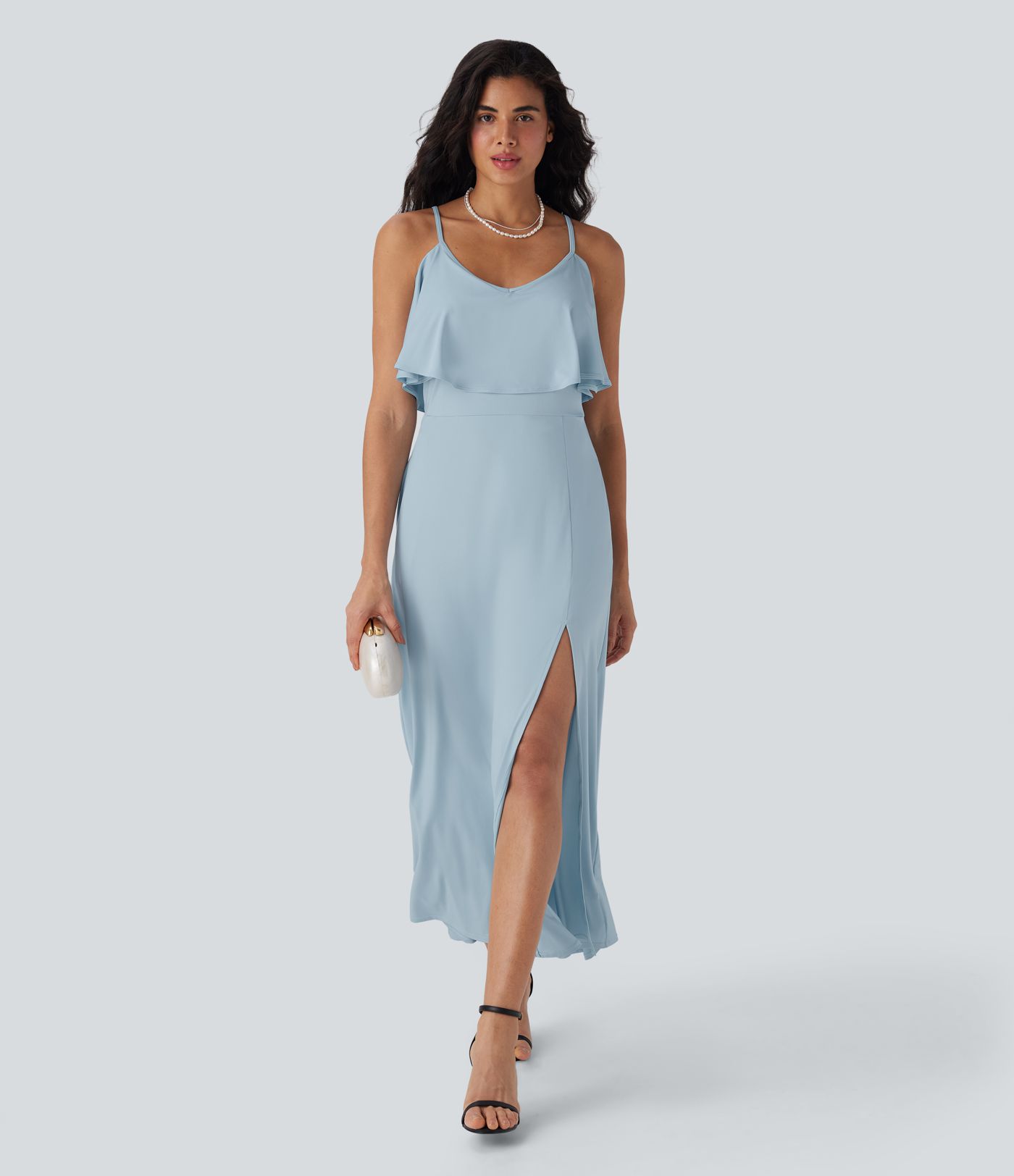 Robe longue type nuisette à volants, dos nu, fente et poches latérales pour demoiselles d'honneur et invitées de mariage