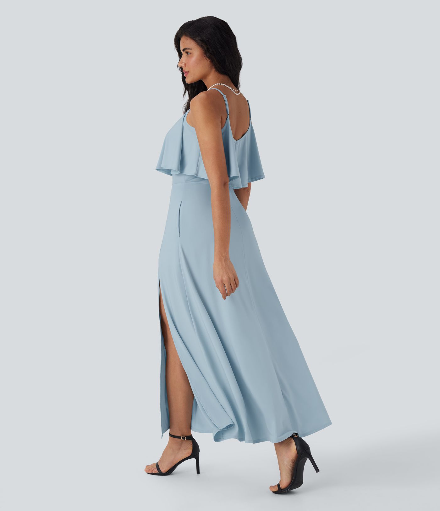 Robe longue type nuisette à volants, dos nu, fente et poches latérales pour demoiselles d'honneur et invitées de mariage