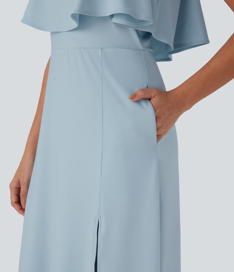 Robe longue type nuisette à volants, dos nu, fente et poches latérales pour demoiselles d'honneur et invitées de mariage