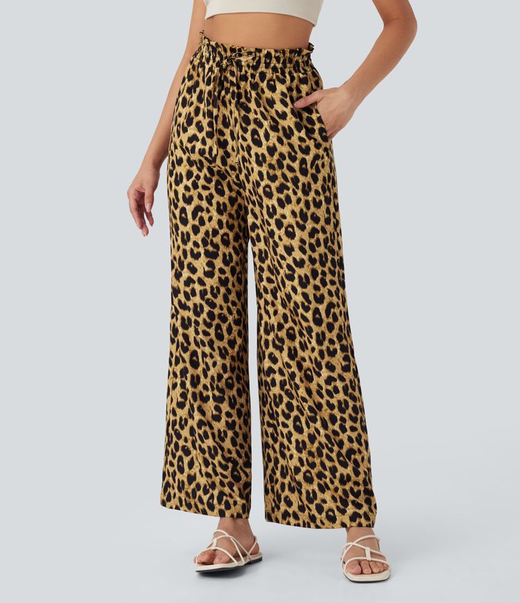 High Waisted Drawstring Pocket Leopard Print Wide Leg Casual Pants