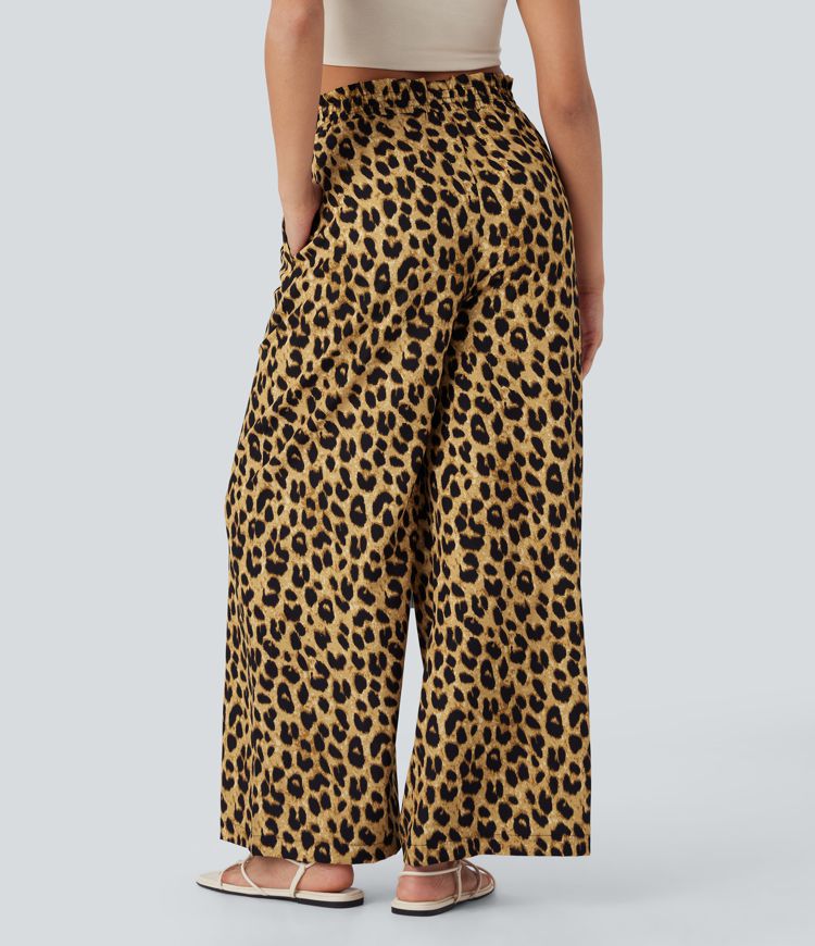 High Waisted Drawstring Pocket Leopard Print Wide Leg Casual Pants