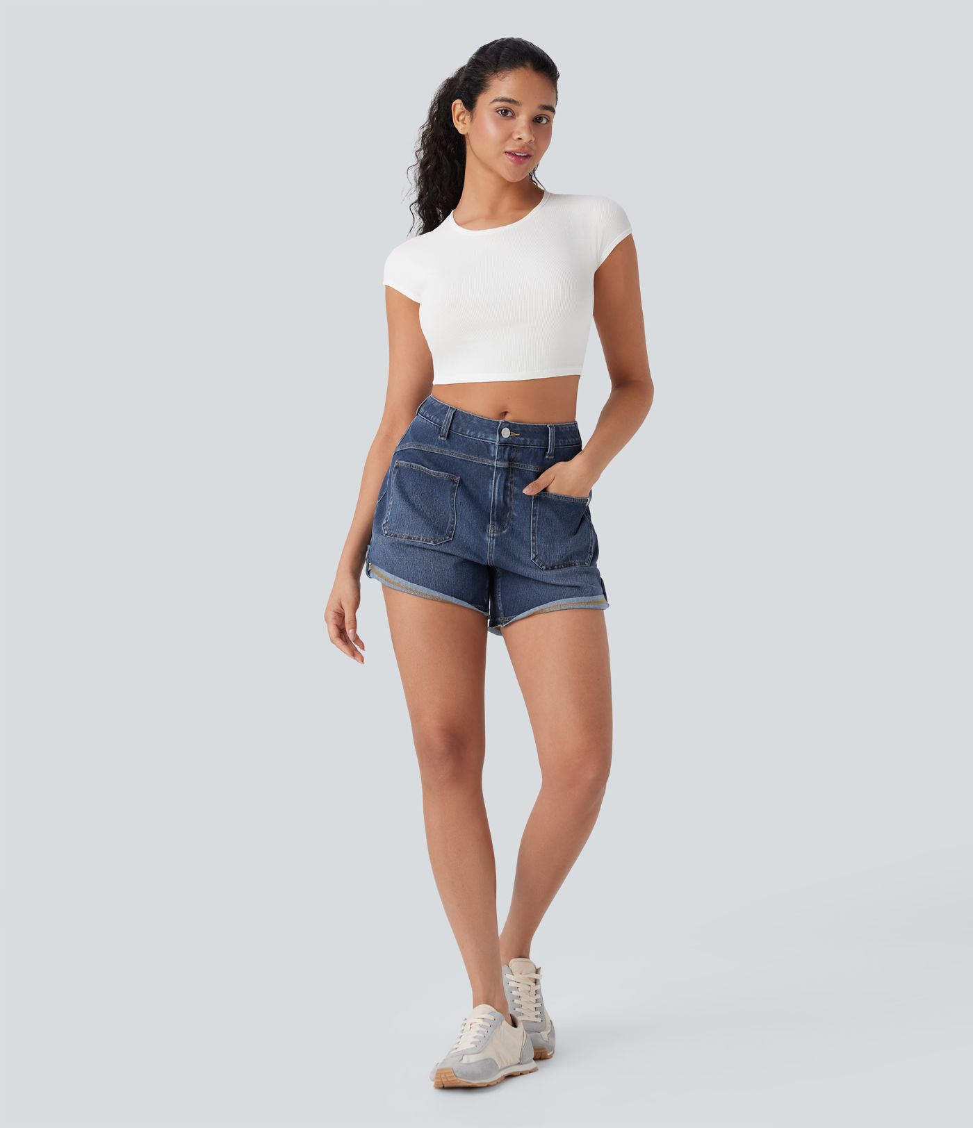Halara Flex™ Mid Rise Pocket Rolled Hem Washed Denim Casual Shorts