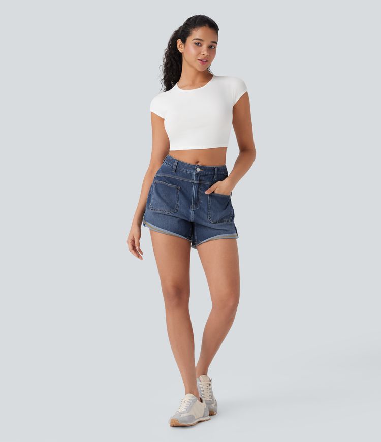 Halara Flex™ Mid Rise Pocket Rolled Hem Washed Denim Casual Shorts
