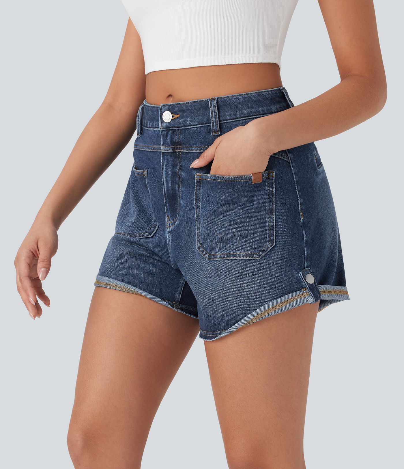 Halara Flex™ Mid Rise Pocket Rolled Hem Washed Denim Casual Shorts