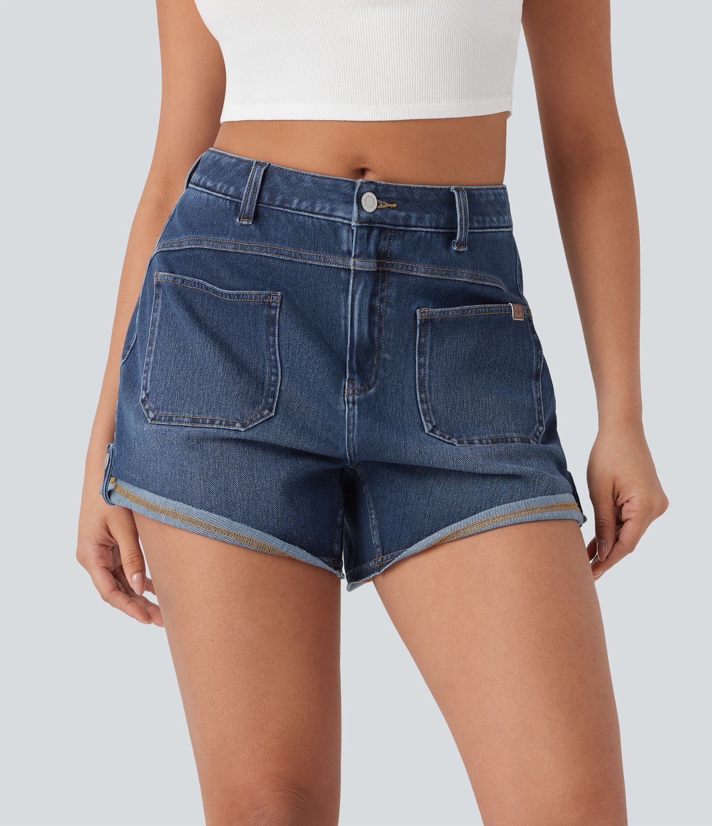 Halara Flex™ Mid Rise Pocket Rolled Hem Washed Denim Casual Shorts