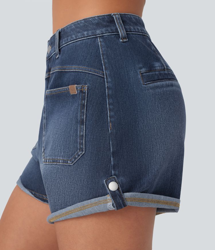 Halara Flex™ Mid Rise Pocket Rolled Hem Washed Denim Casual Shorts