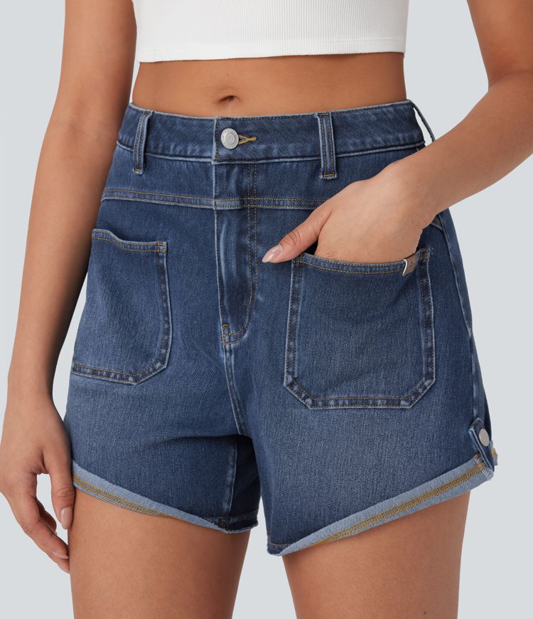 Halara Flex™ Mid Rise Pocket Rolled Hem Washed Denim Casual Shorts