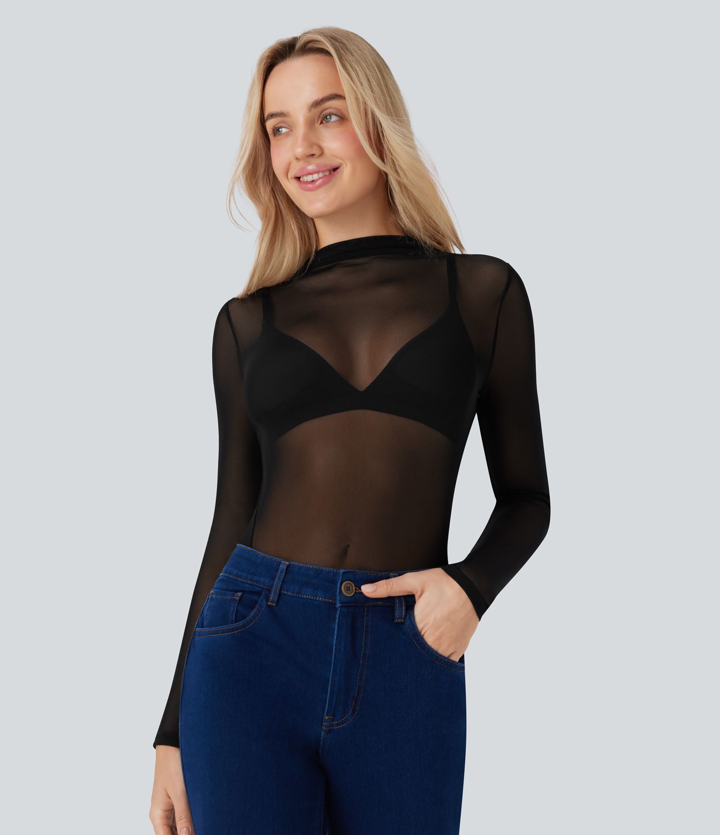 Sheer Mesh Mock-neck Snap Casual Bodysuit
