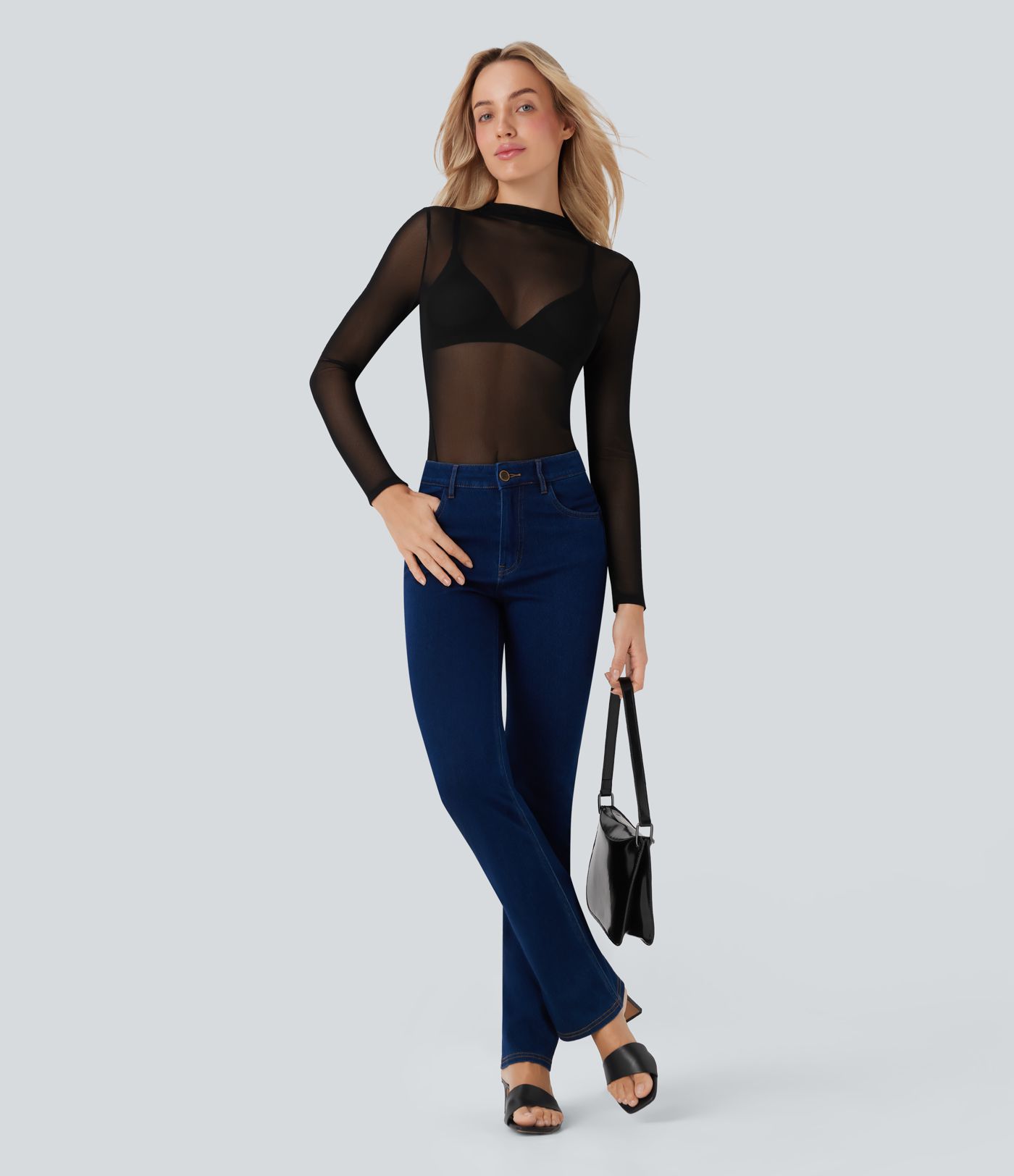 Sheer Mesh Mock-neck Snap Casual Bodysuit