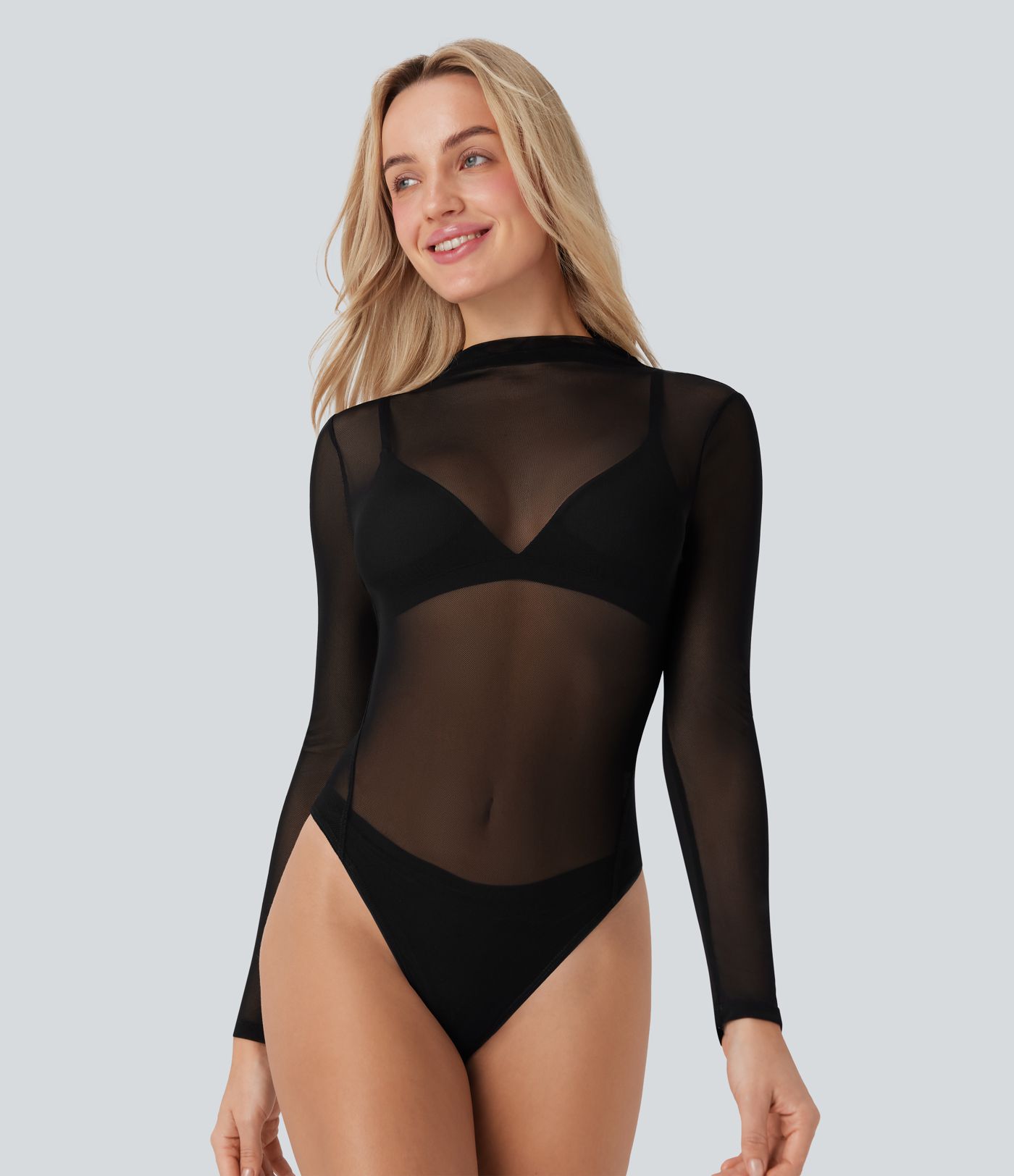 Sheer Mesh Mock-neck Snap Casual Bodysuit
