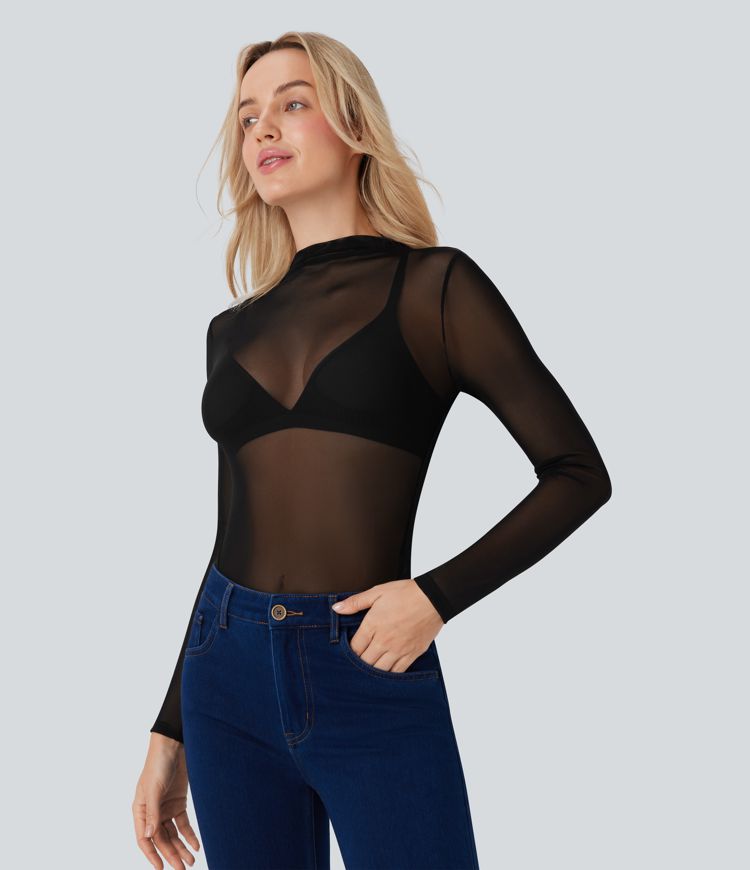 Sheer Mesh Mock-neck Snap Casual Bodysuit