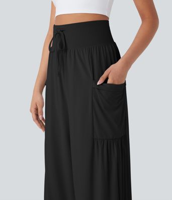 High Waisted Tummy Control Drawstring Wide Leg Cool Touch Yoga Pants with Pockets-UPF50+