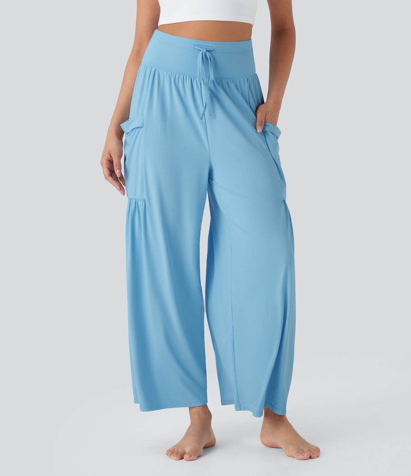 Pantalon de yoga large gainant taille haute avec cordon de serrage et toucher frais avec poches - UPF50+