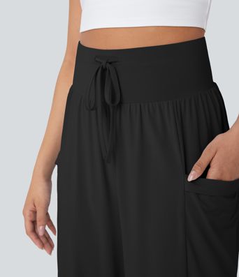 High Waisted Tummy Control Drawstring Wide Leg Cool Touch Yoga Pants with Pockets-UPF50+