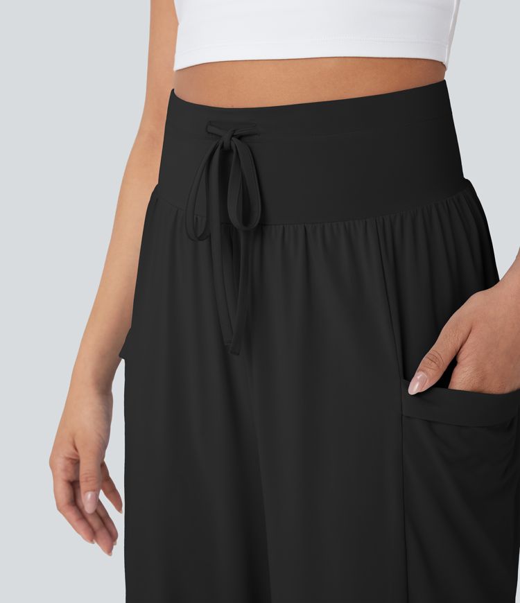 High Waisted Tummy Control Drawstring Wide Leg Cool Touch Yoga Pants with Pockets-UPF50+
