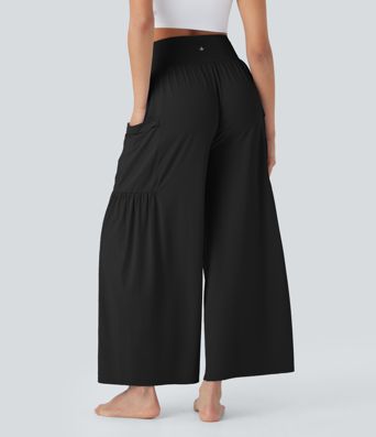 High Waisted Tummy Control Drawstring Wide Leg Cool Touch Yoga Pants with Pockets-UPF50+