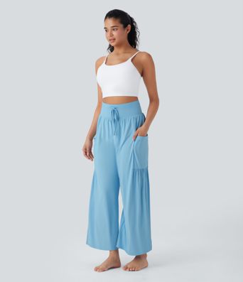 Pantalon de yoga large gainant taille haute avec cordon de serrage et toucher frais avec poches - UPF50+