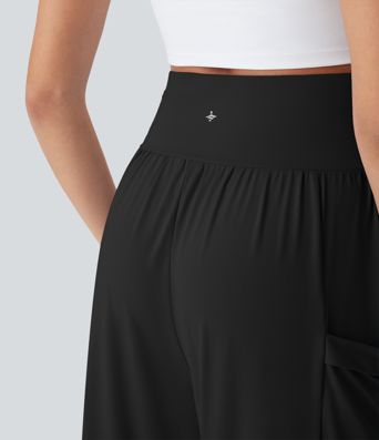 High Waisted Tummy Control Drawstring Wide Leg Cool Touch Yoga Pants with Pockets-UPF50+