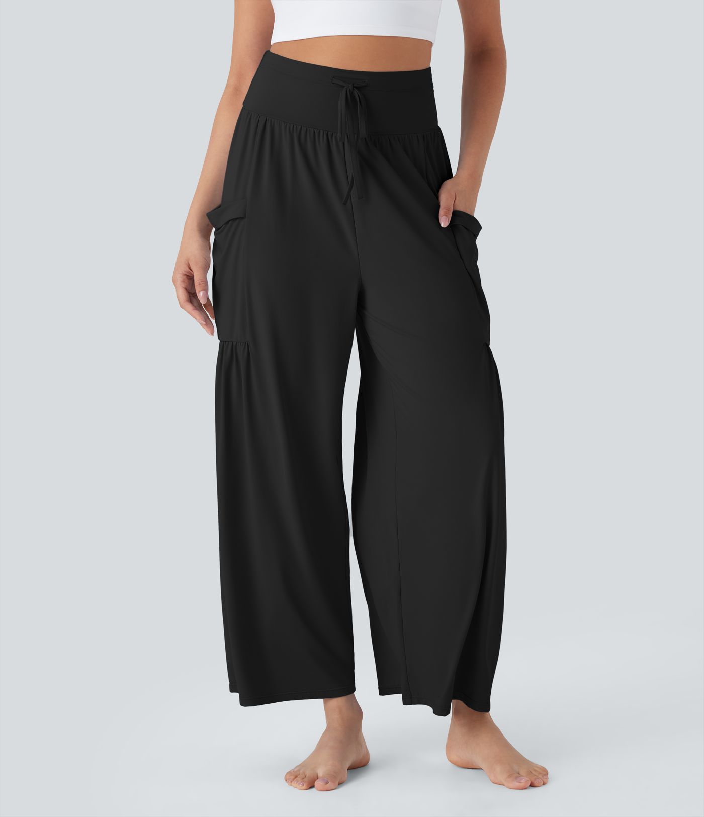 Pantalon de yoga large gainant taille haute avec cordon de serrage et toucher frais avec poches - UPF50+