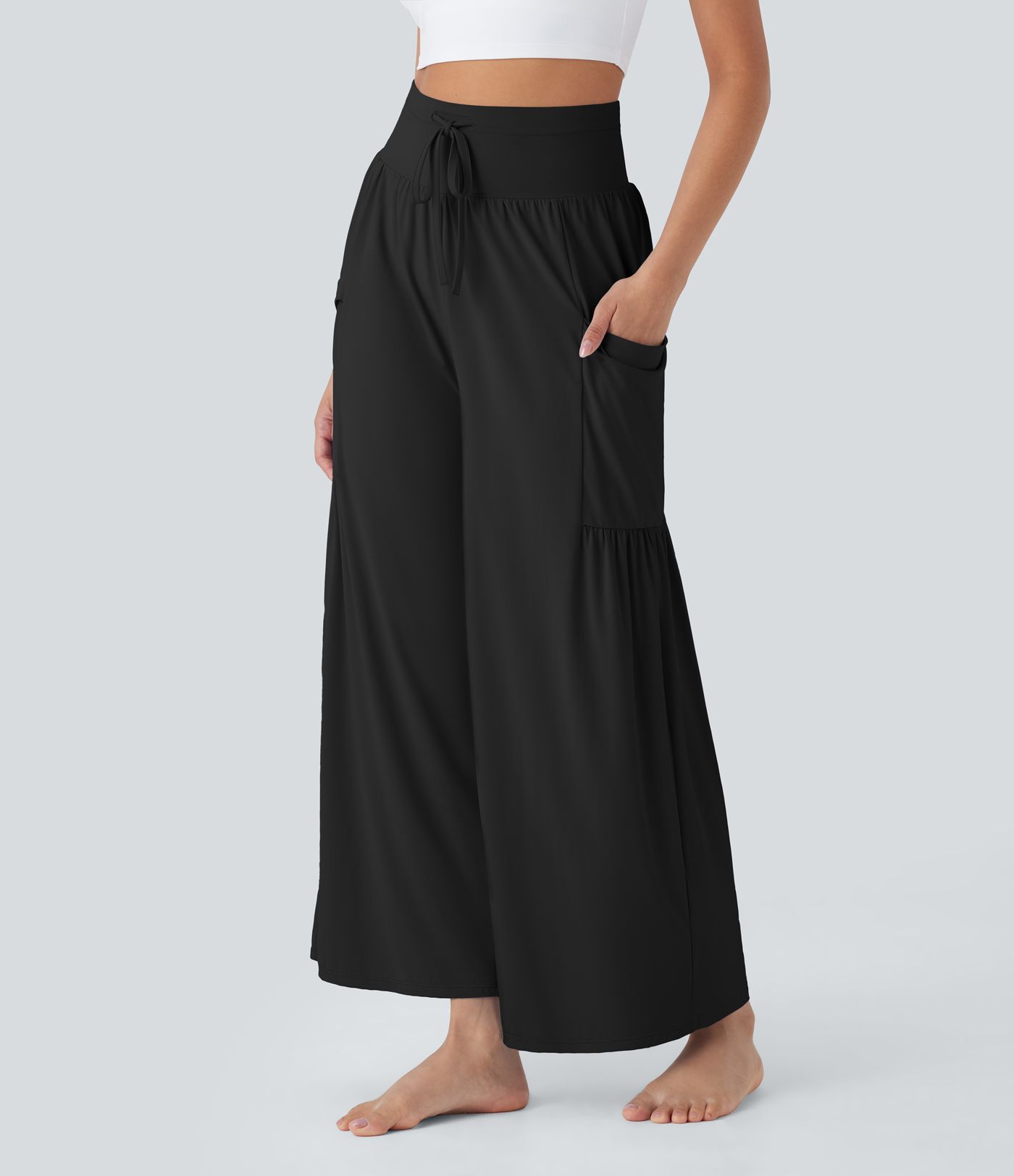 High Waisted Tummy Control Drawstring Wide Leg Cool Touch Yoga Pants with Pockets-UPF50+