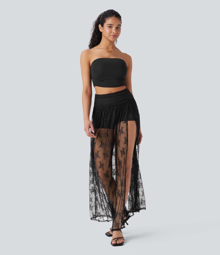 High Waisted 2-in-1 Lace Maxi Casual Skirt with Pocket