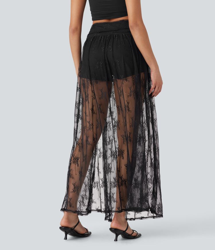 High Waisted 2-in-1 Lace Split Maxi Casual Skirt with Side Pocket