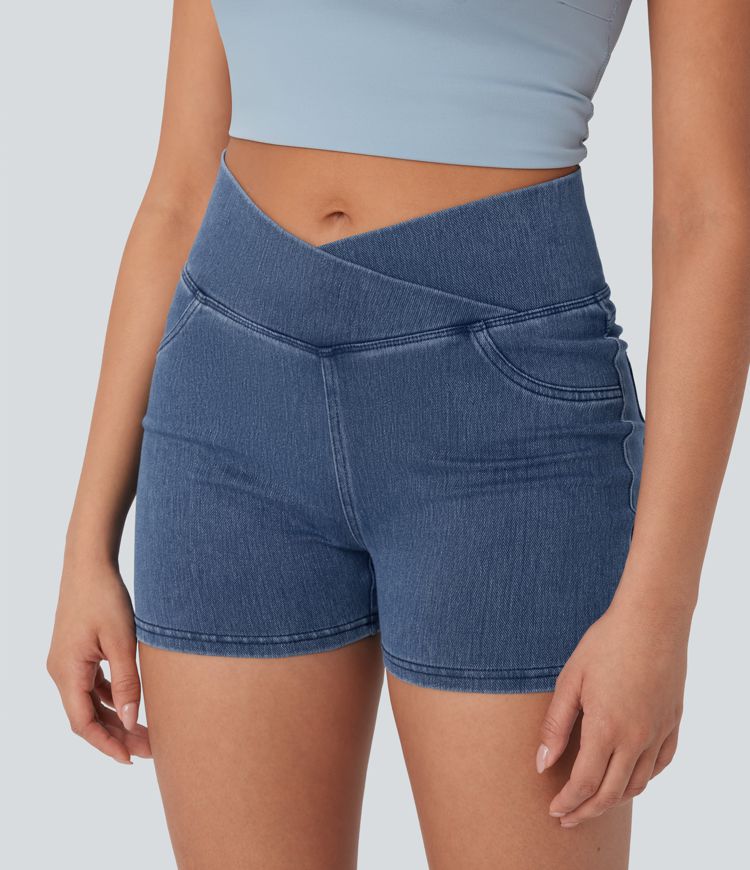 Halara Flex™ High Waisted Crossover Pocket Denim Casual Shorts 3"