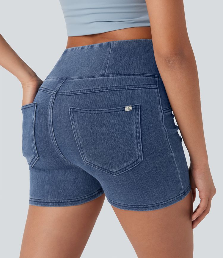 Halara Flex™ High Waisted Crossover Back Side Pocket Stretchy Knit Denim Casual Shorts 3"
