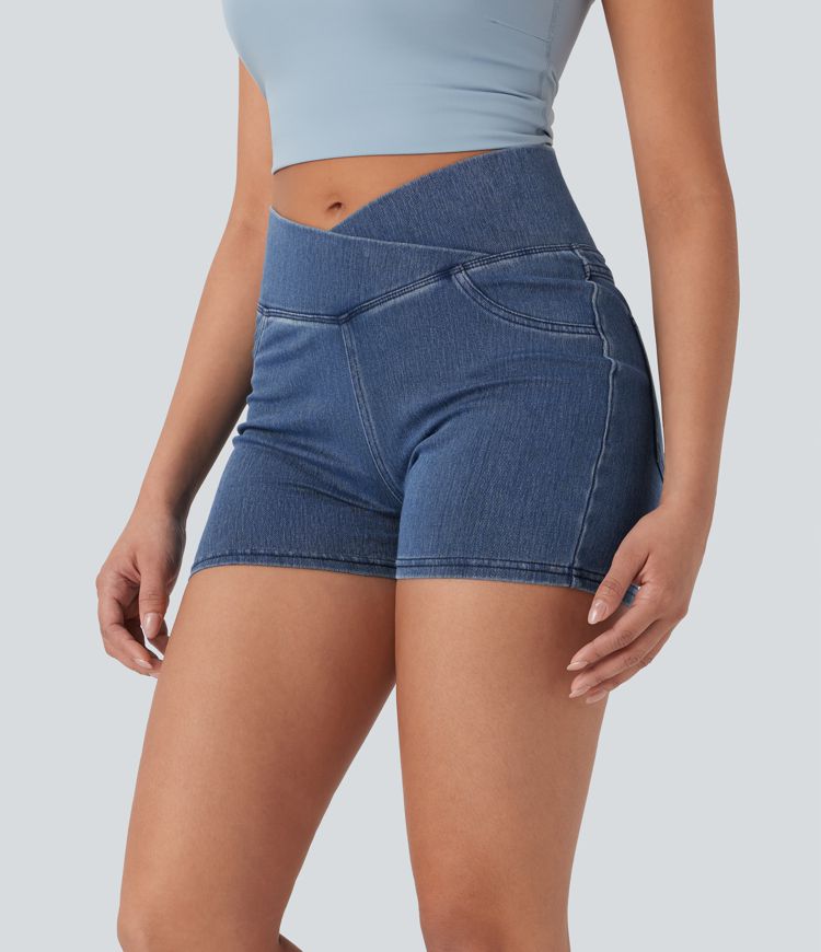 Halara Flex™ High Waisted Crossover Pocket Denim Casual Shorts 3"