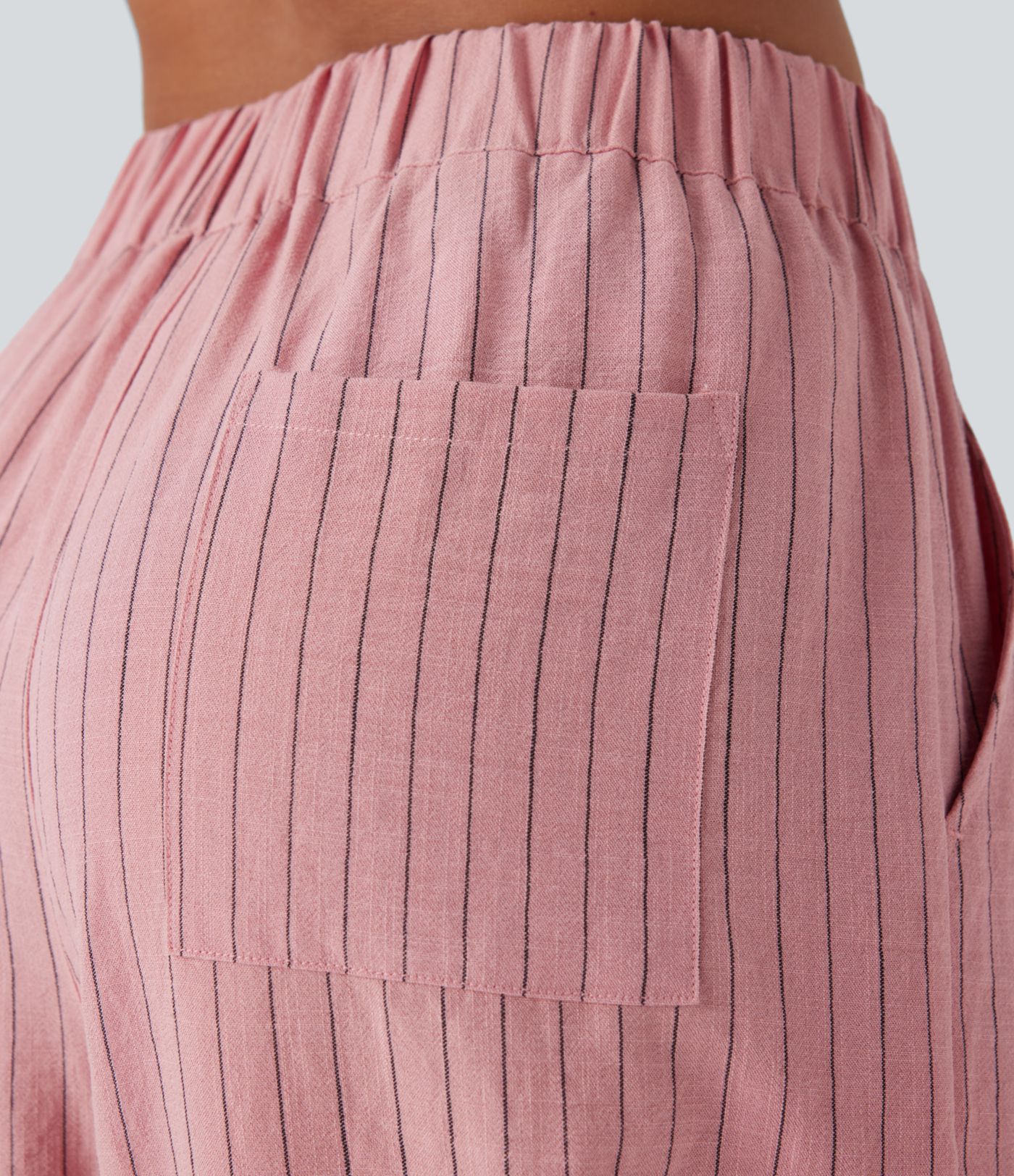 Jogging décontracté à rayures, taille moyenne, aspect lin et multiples poches