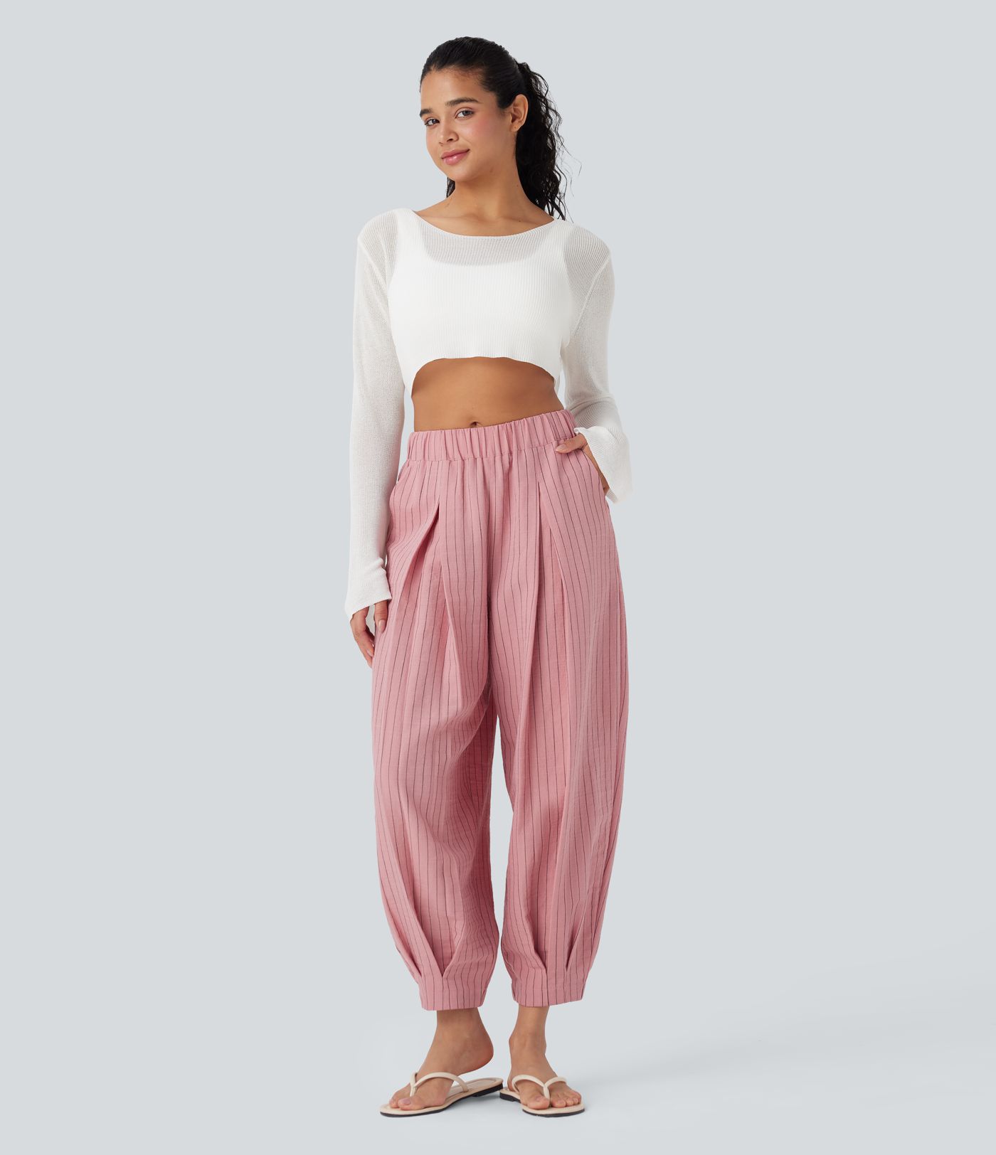 Jogging décontracté à rayures, taille moyenne, aspect lin et multiples poches