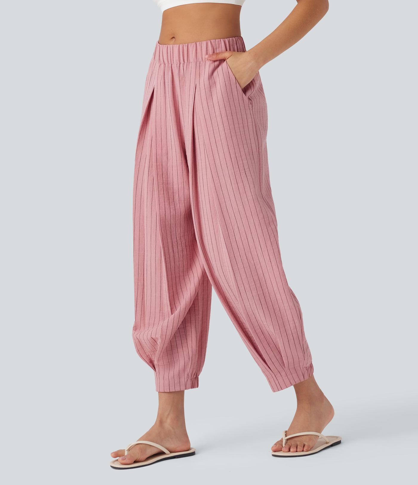 Jogging décontracté à rayures, taille moyenne, aspect lin et multiples poches