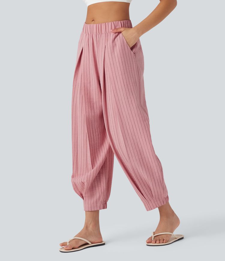 Mid Rise Stripe Casual Linen-Feel Joggers with Pockets