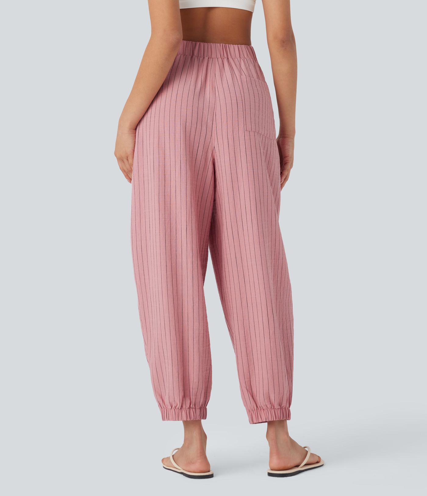 Jogging décontracté à rayures, taille moyenne, aspect lin et multiples poches