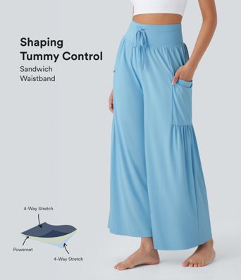 Pantalon de yoga large gainant taille haute avec cordon de serrage et toucher frais avec poches - UPF50+