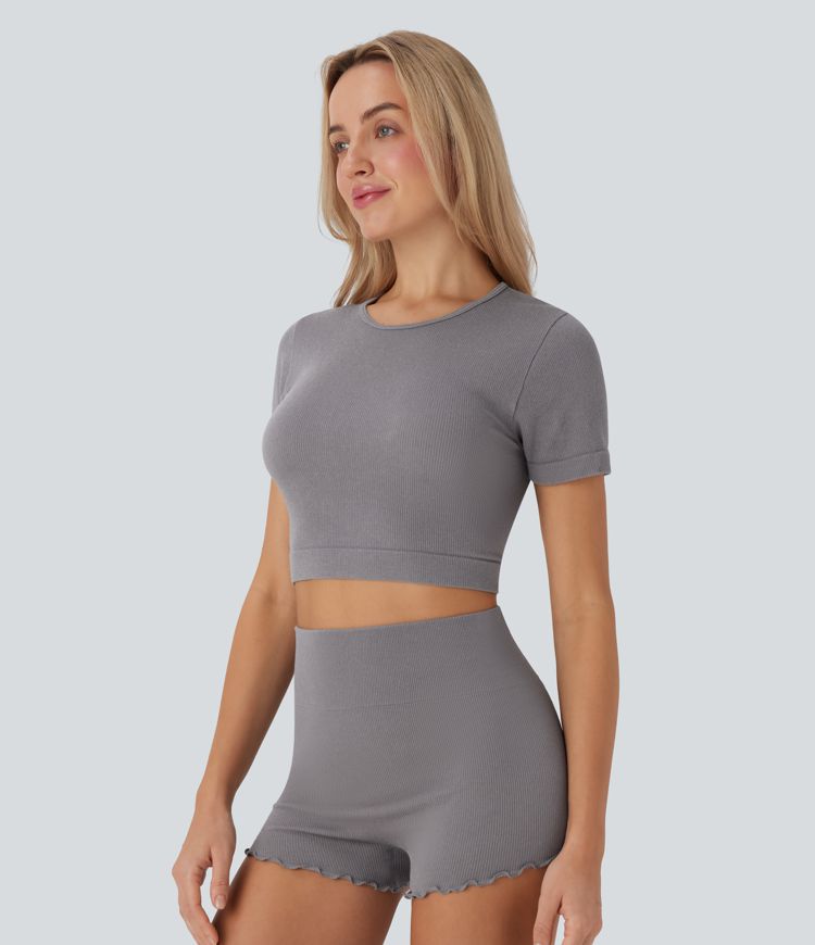 Seamless Flow Round Neck Short Sleeve Cropped Lounge Top