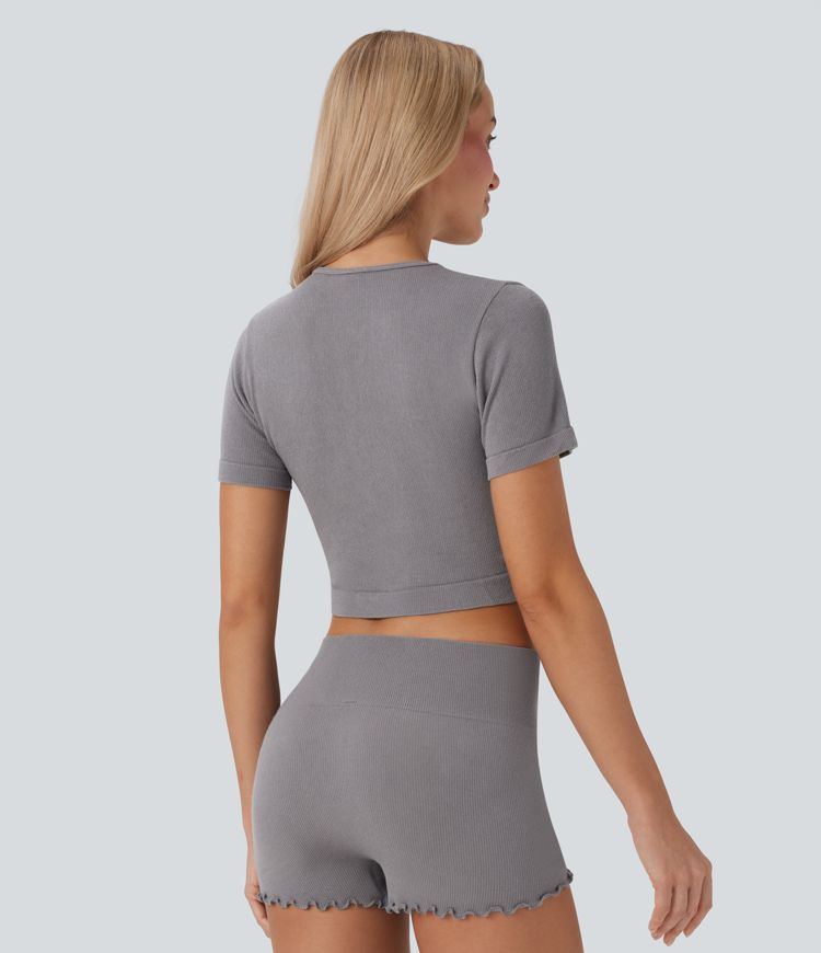Seamless Flow Round Neck Short Sleeve Cropped Lounge Top