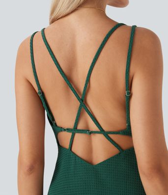Vestido mini casual de gofre con tirantes ajustables y espalda cruzada