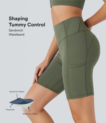 Shorts de yoga biker de 18cm con tiro alto efecto moldeador de abdomen y bolsillos