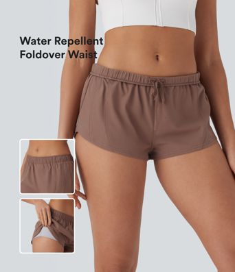 Water Repellent Foldover Low waist Drawstring 2-in-1 Twill Running Micro Shorts with Back Pocket