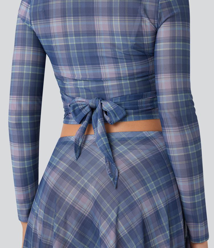 Sheer Mesh V-Neck Wrapped Tie-Back Top